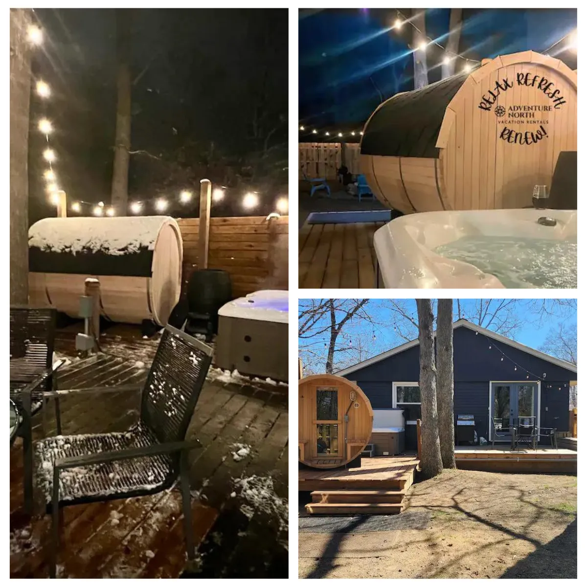 Experience the charm of Traverse City Bungalow's outdoor retreat, featuring a spacious deck with string lights for cozy gatherings and stargazing, plus a fenced-in yard for your furry pals to play safely in Northern Michigan's natural beauty.