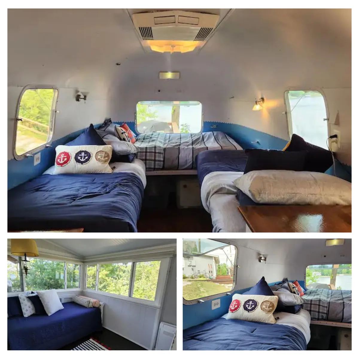 Relax in comfort at Slice of Traverse City with cozy bedrooms and modern bathrooms, including an optional Airstream Camper for summer stays.