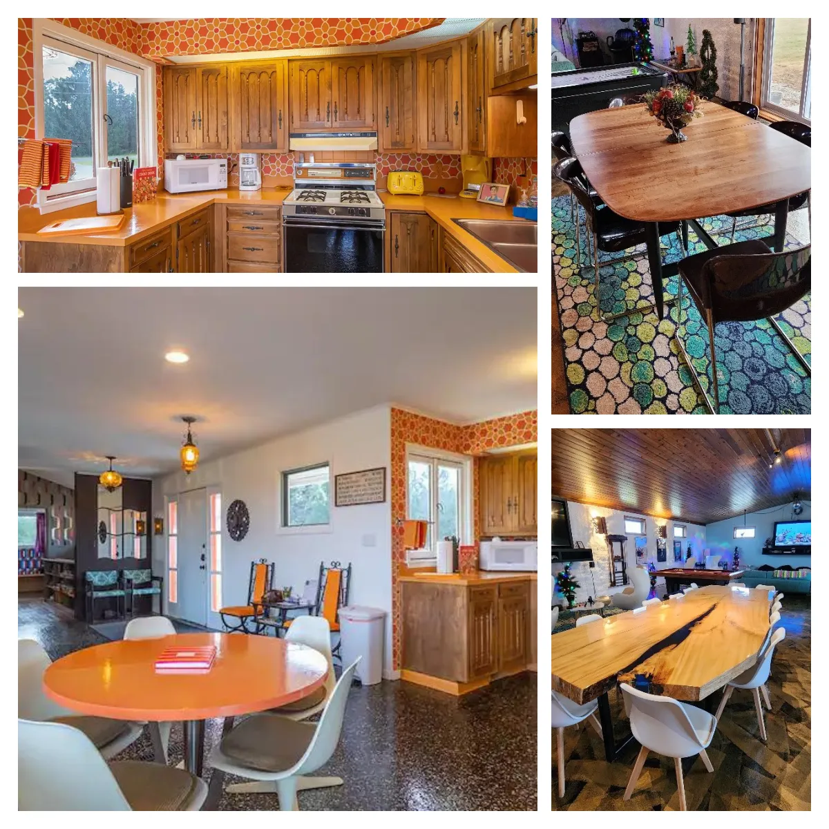 Join us in our 70s-themed kitchen, equipped with all you need to cook up delicious meals with ease. Gather your loved ones, share stories, and enjoy meals together in our cozy dining area, creating lasting memories in our groovy lodge.