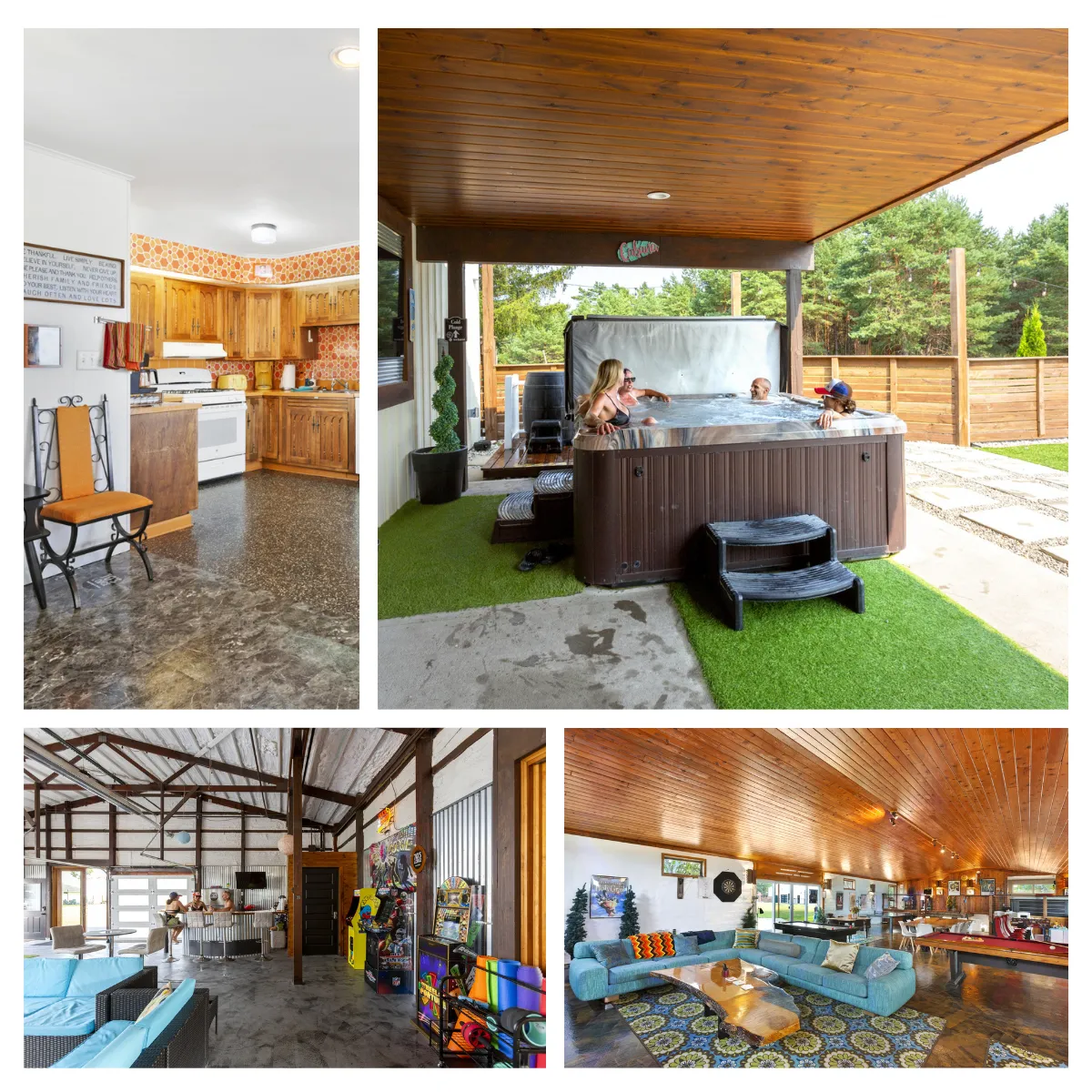 Transport yourself to the 70s at this Traverse City hideaway with a vibrant 1,500-square-foot rec room filled with entertainment like hot tub, sauna, Smart TVs, and various games, topped off with a cozy fireplace corner. Embrace the 70s vibe here.