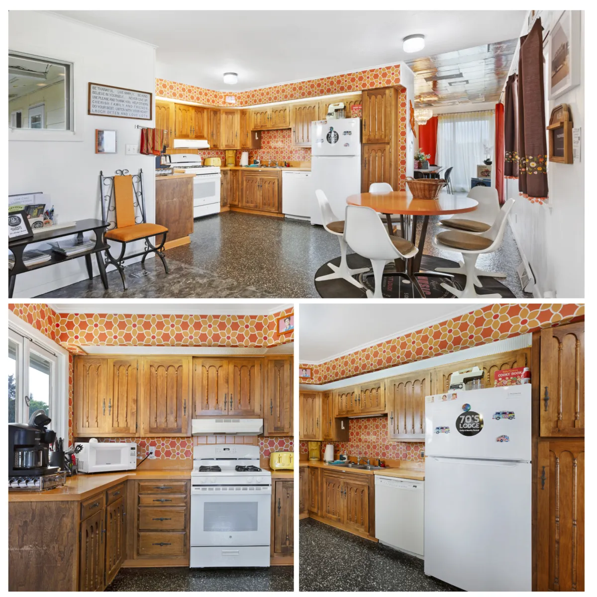 Join us in our 70s-themed kitchen, equipped with all you need to cook up delicious meals with ease. Gather your loved ones, share stories, and enjoy meals together in our cozy dining area, creating lasting memories in our groovy lodge.