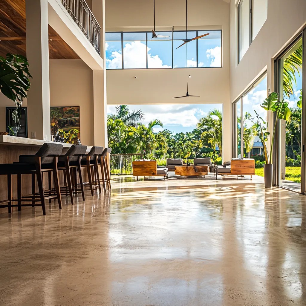 "Sleek, durable poured concrete flooring, customizable for modern, high-traffic areas."