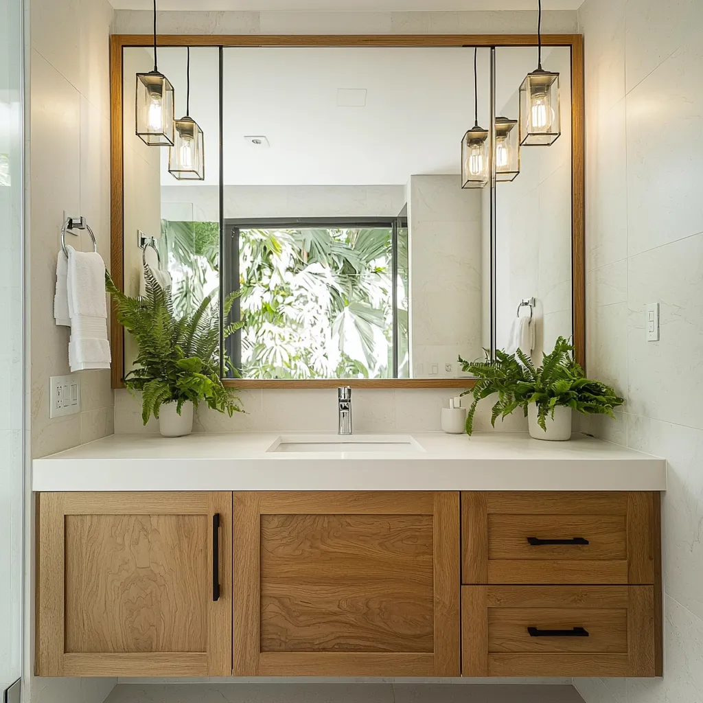 Elegant custom mirrors with backlighting and beveled edges, enhancing bathroom space.