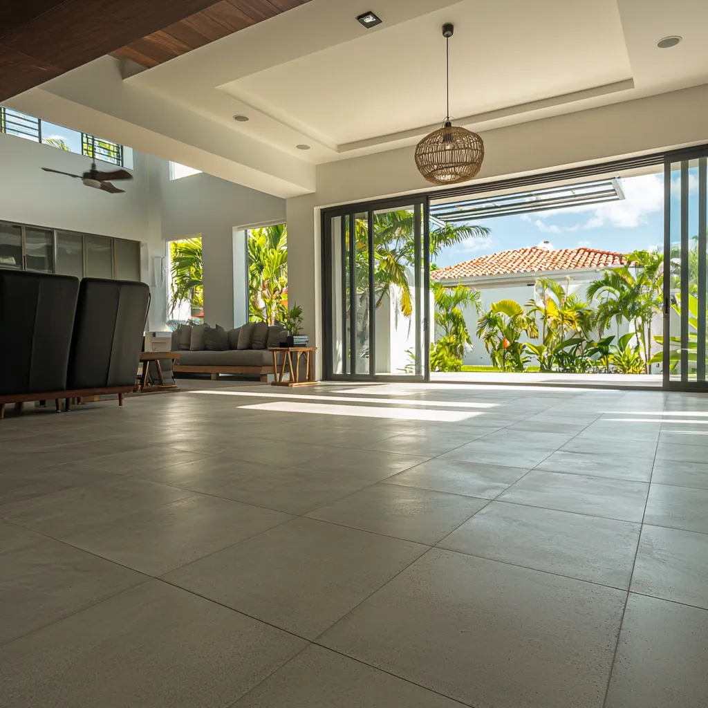 Moisture-resistant flooring, featuring sleek tiles and rustic hardwoods for island living.