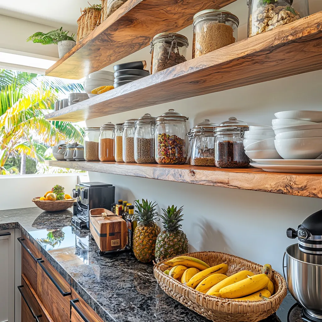 Exotic hardwood open shelving combines style, functionality, and termite resistance.