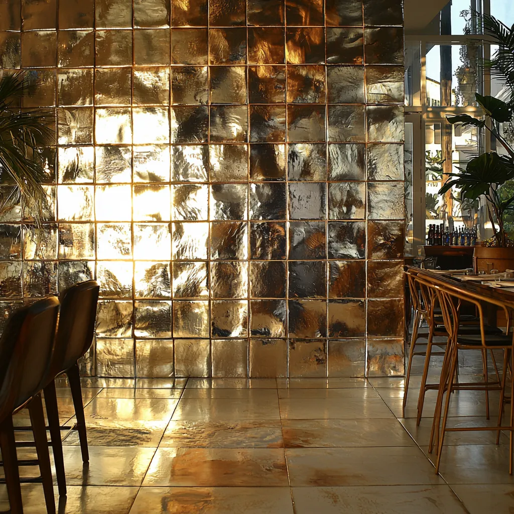 Reflective metallic tiles add a modern, durable touch to sophisticated interiors.