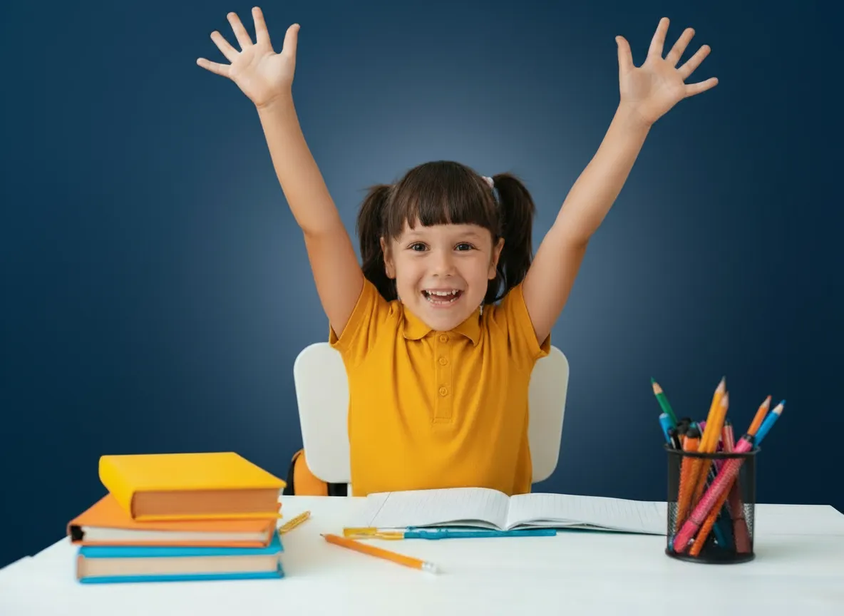 Smiling elementary ESL student raises hands in excitement during Cambridge KET and PET English exam preparation with Better English Teacher Allison — fun, confident, and successful online learning.