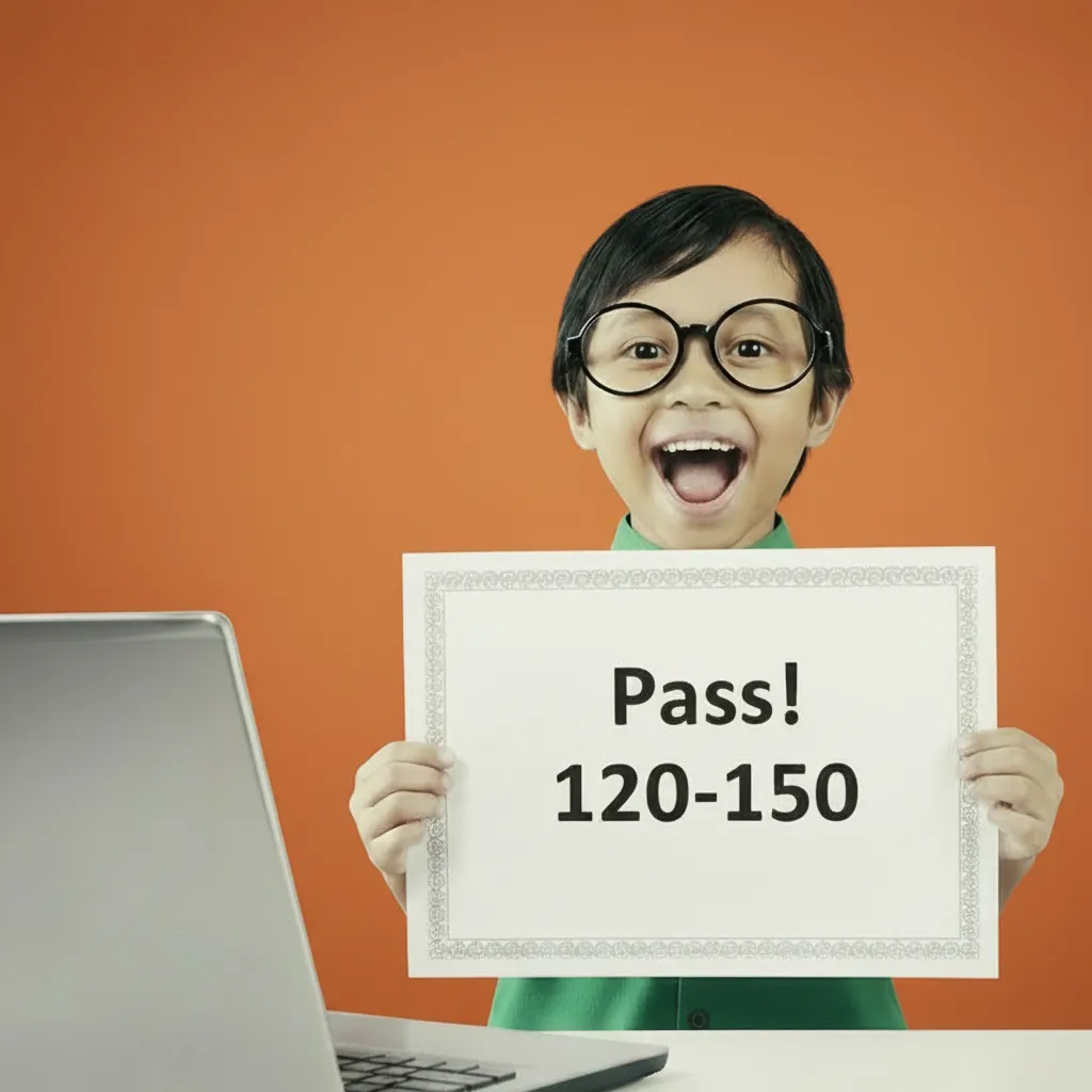 Smiling elementary ESL student raises hands in excitement during Cambridge KET and PET English exam preparation with Better English Teacher Allison — fun, confident, and successful online learning.