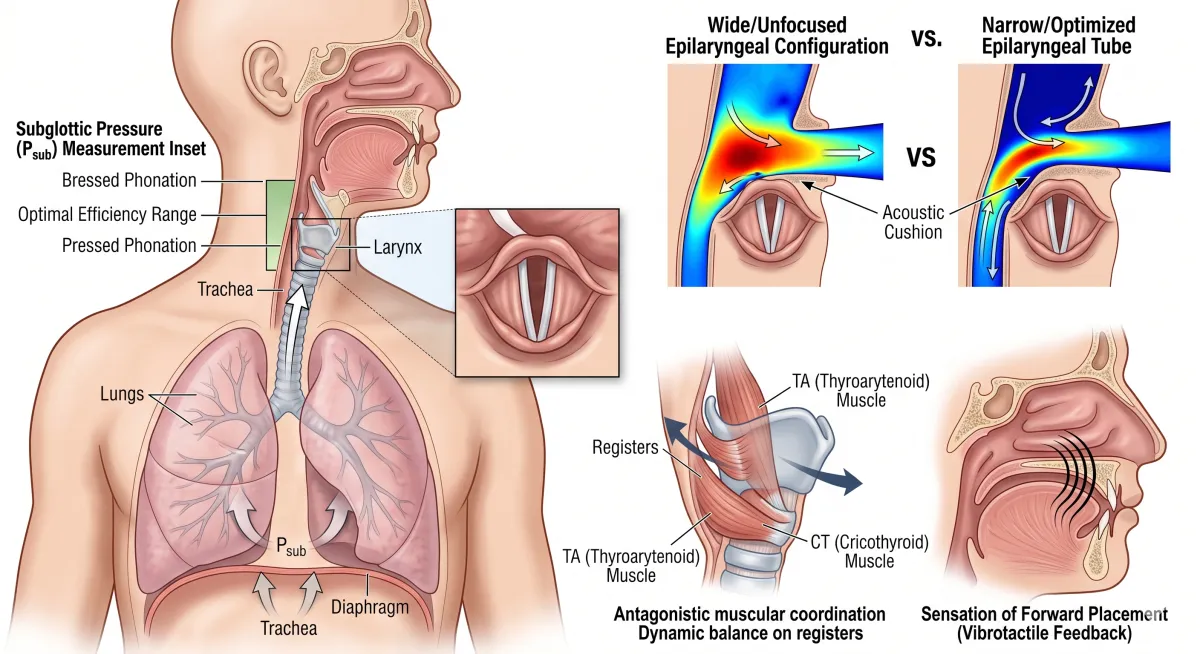alt="A multi-step technical diagram illustrating the aerodynamic-myoelastic theory of vocal fold vibration, detailing how subglottic pressure, the Bernoulli effect, and tissue elasticity open and close the glottis during a singing cycle."