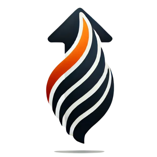 An abstract and minimalist rising arrow icon with smooth, fluid lines in a black and orange gradient, symbolizing growth and progress.