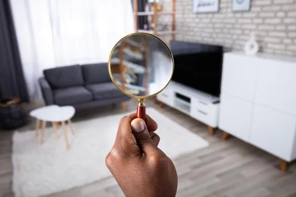 hand holding a magnifying glass into a living room