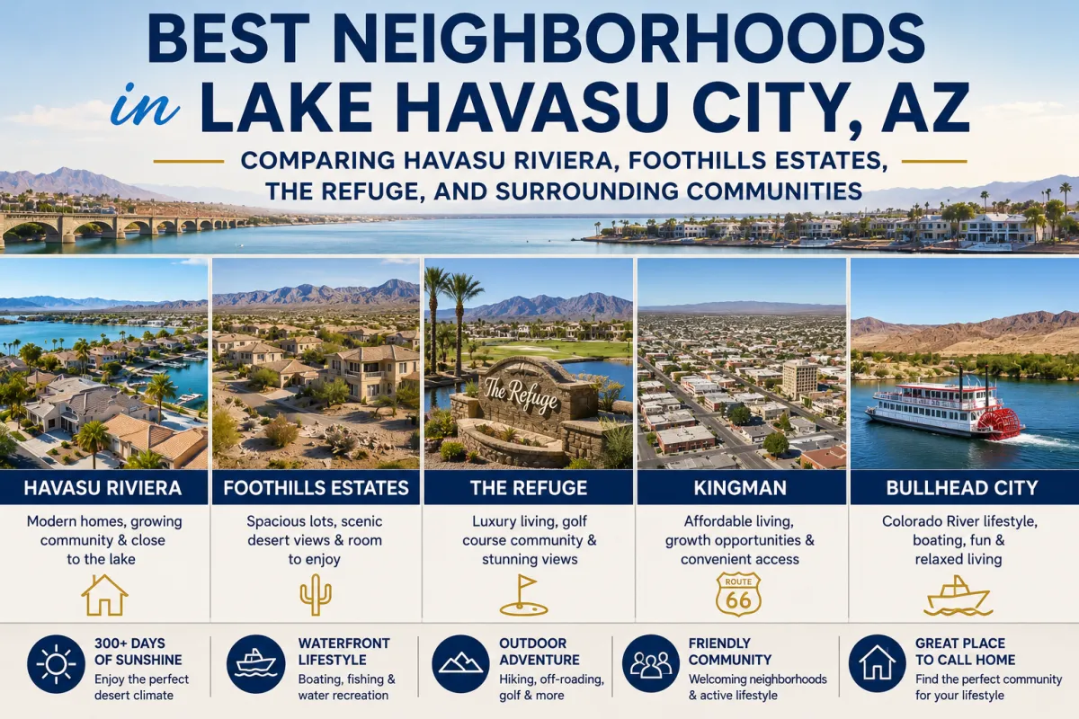 Best neighborhoods in Lake Havasu City AZ including Havasu Riviera, Foothills Estates, The Refuge, Kingman, and Bullhead City