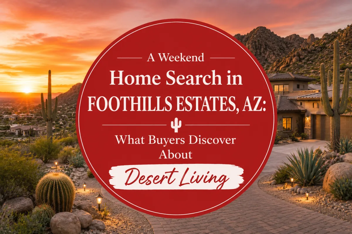 Foothills Estates AZ home search featuring desert landscape, mountain views, cacti, and Southwestern homes
