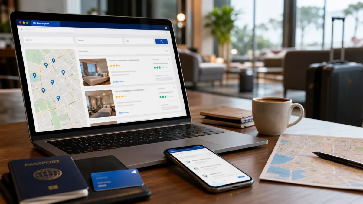 Redakční fotorealistická scéna s notebookem pro výběr ubytování, mapou a decentním prvkem Booking.com pro článek o značce.