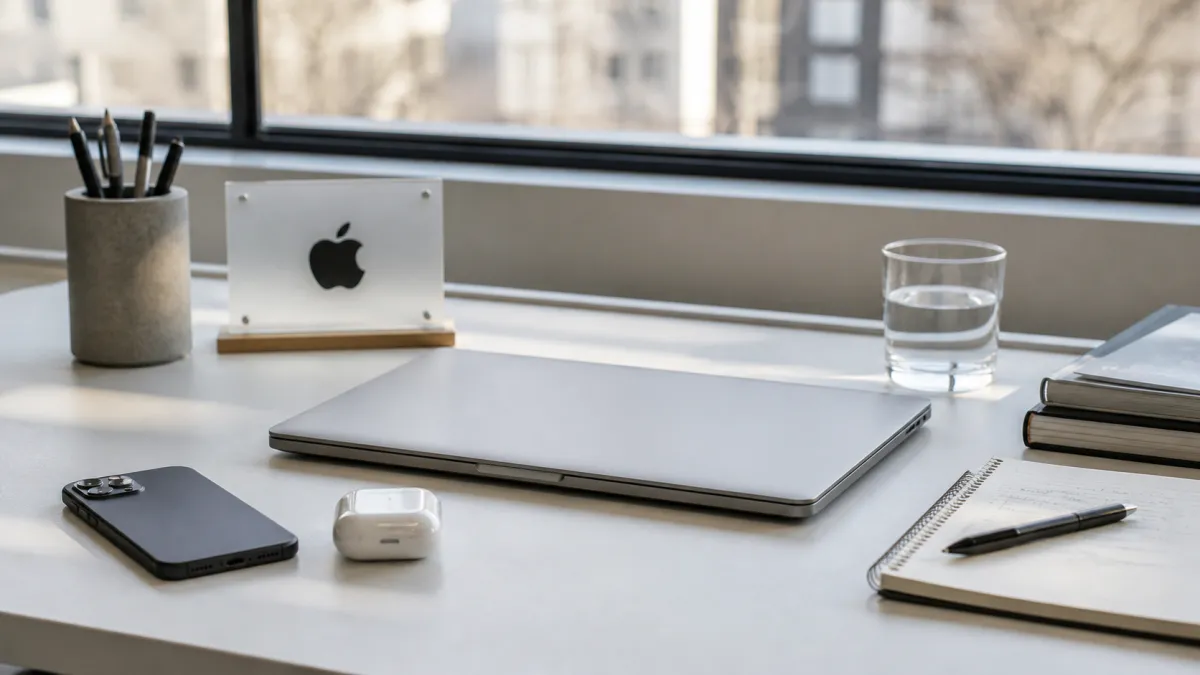 Redakční fotorealistická scéna s minimalistickým pracovním stolem a logem Apple pro článek o značce.