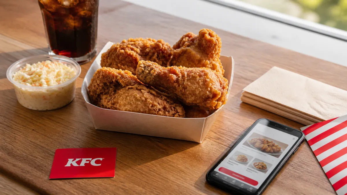 Redakční fotorealistická scéna se smaženým kuřetem, objednávkou v telefonu a decentním prvkem KFC pro článek o značce.