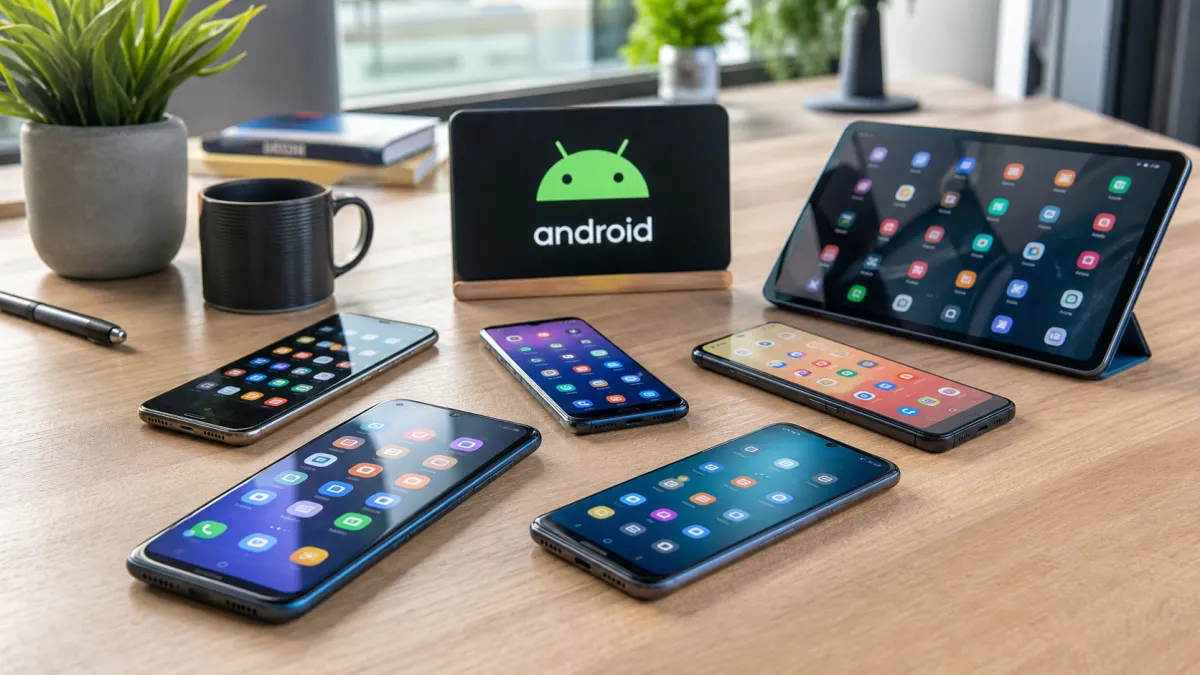 Redakční fotorealistická scéna s několika mobilními zařízeními a logem Android pro článek o značce.