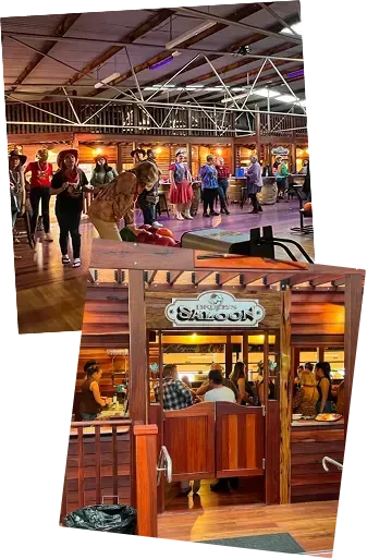 Collage showing the Wild West Bowling experience: people in western attire on the bowling lanes and customers socialising in the rustic saloon area.