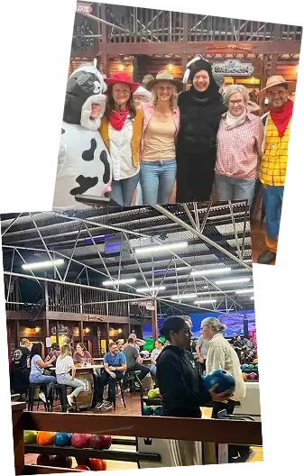 Collage showing the Wild West Bowling experience: friends in fun costumes playing on the lanes and groups socialising during a league night.