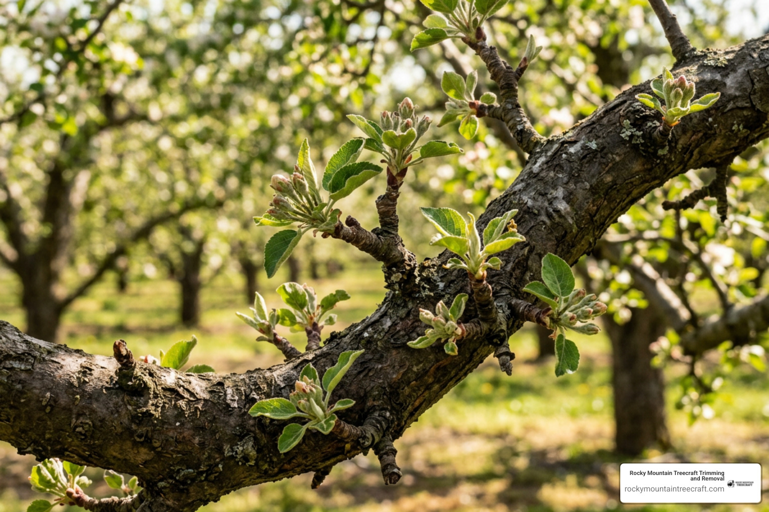 apple tree fruiting spurs along scaffold branch