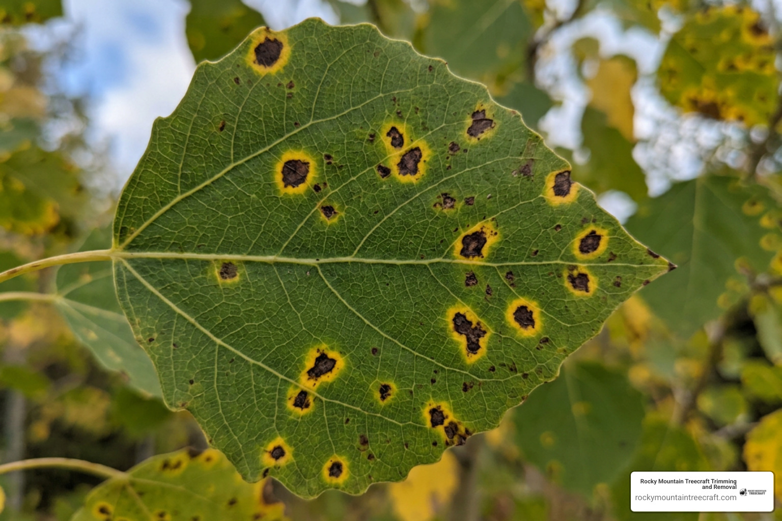 Close up of infected aspen leaf showing dark brown flecks with distinct yellow halos