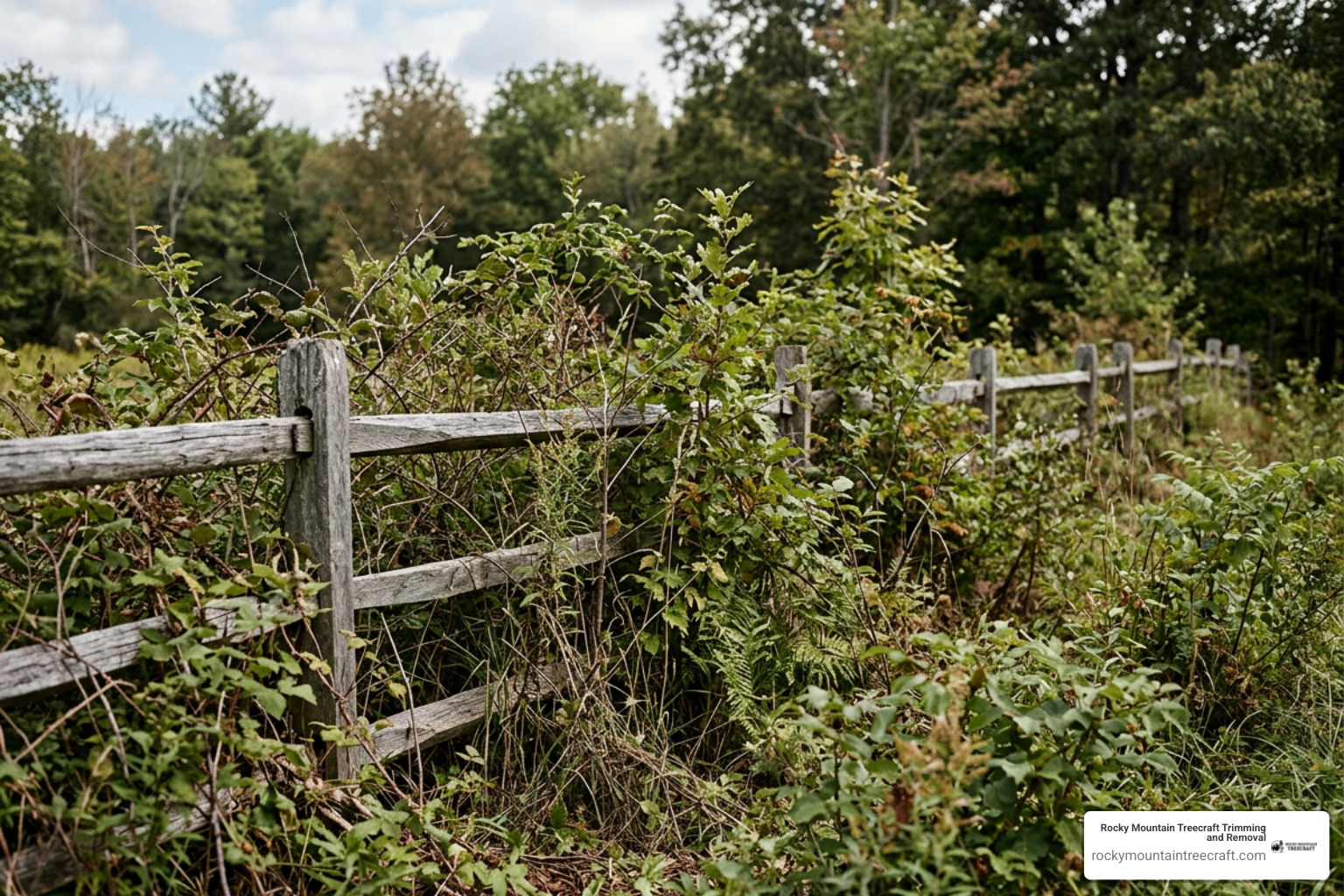 Thick brush and saplings pressing against a rustic wooden fence
