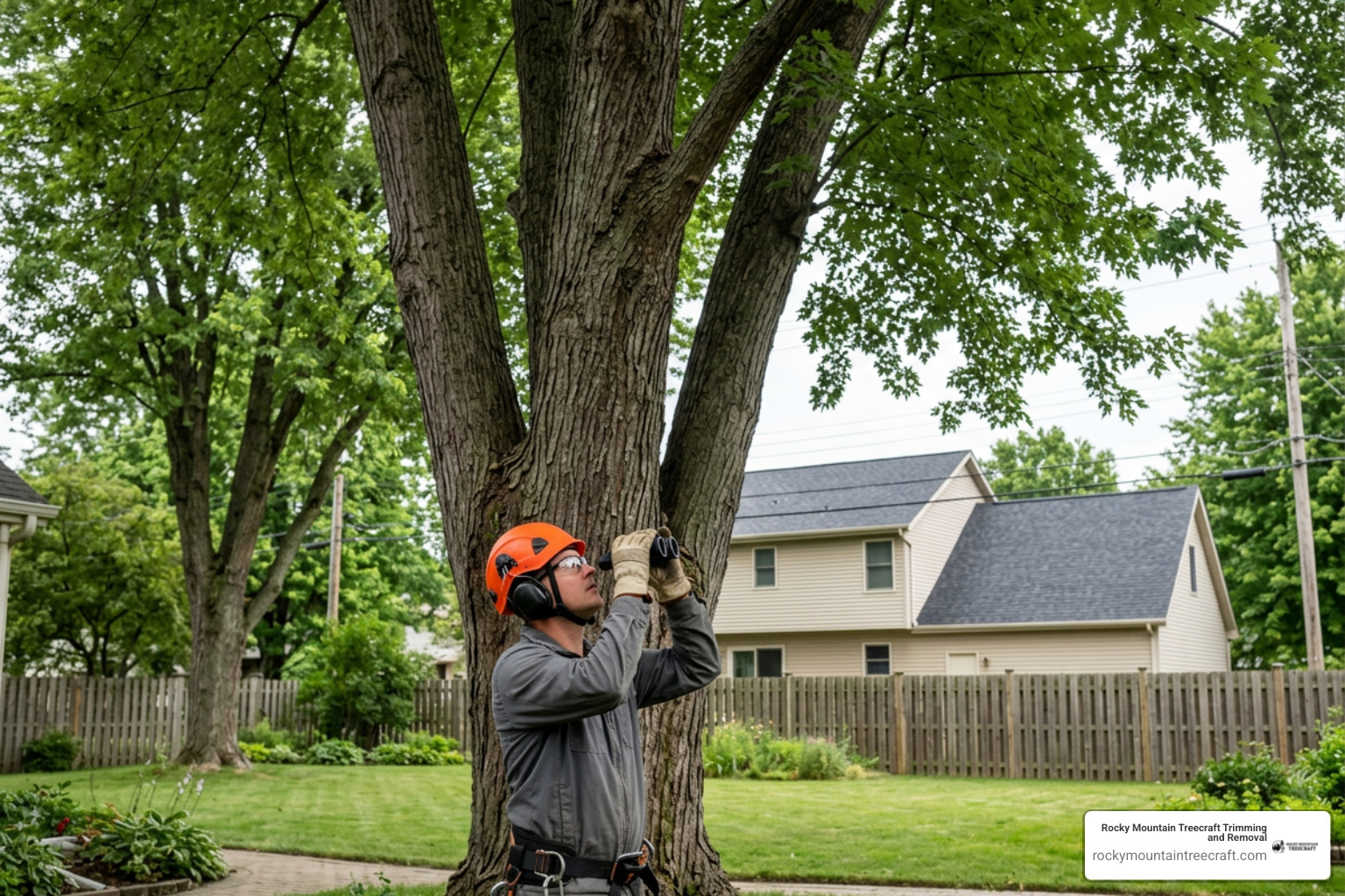 Arborist evaluating mature tree canopy