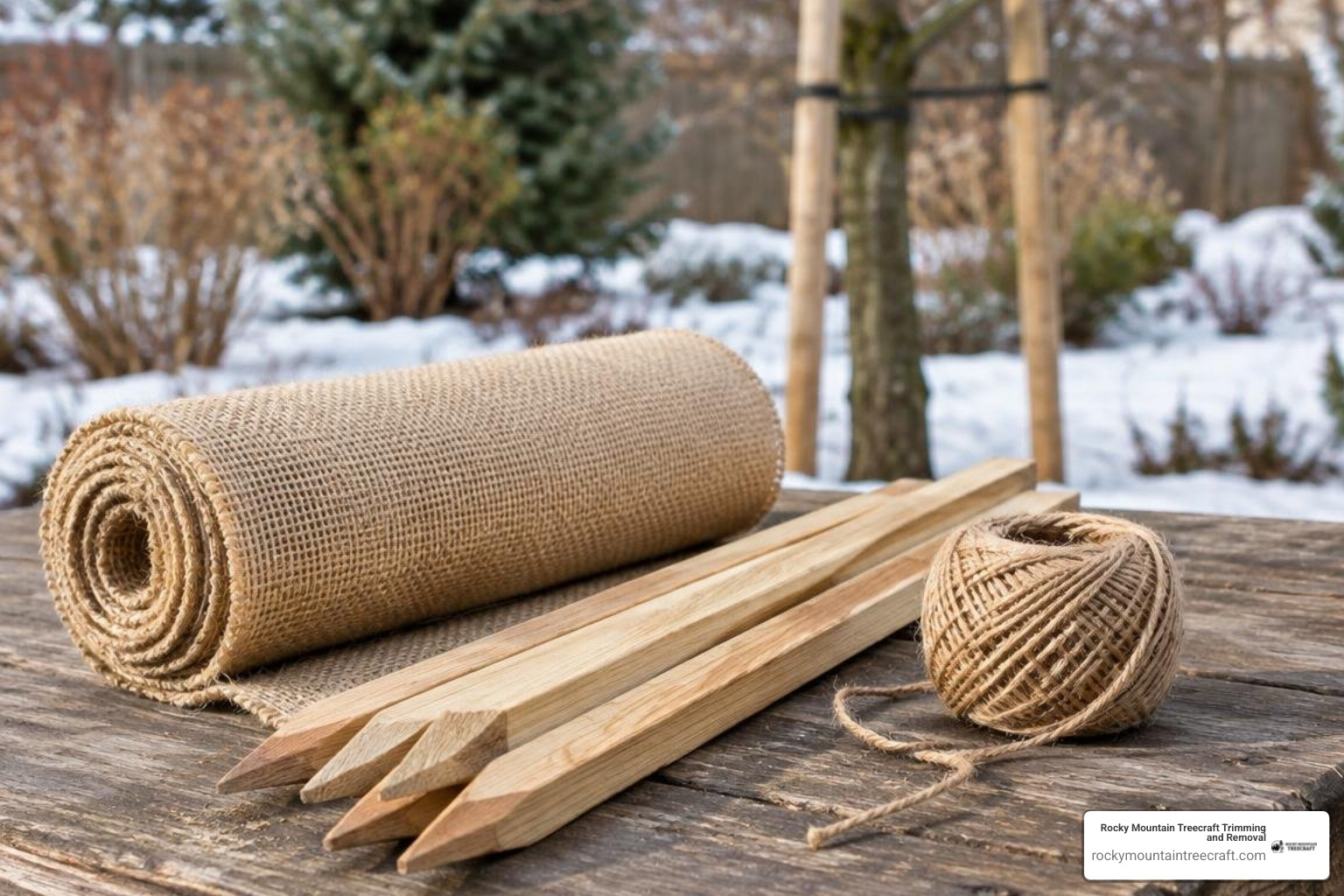 tree care preparation tools including burlap roll wooden stakes and natural twine