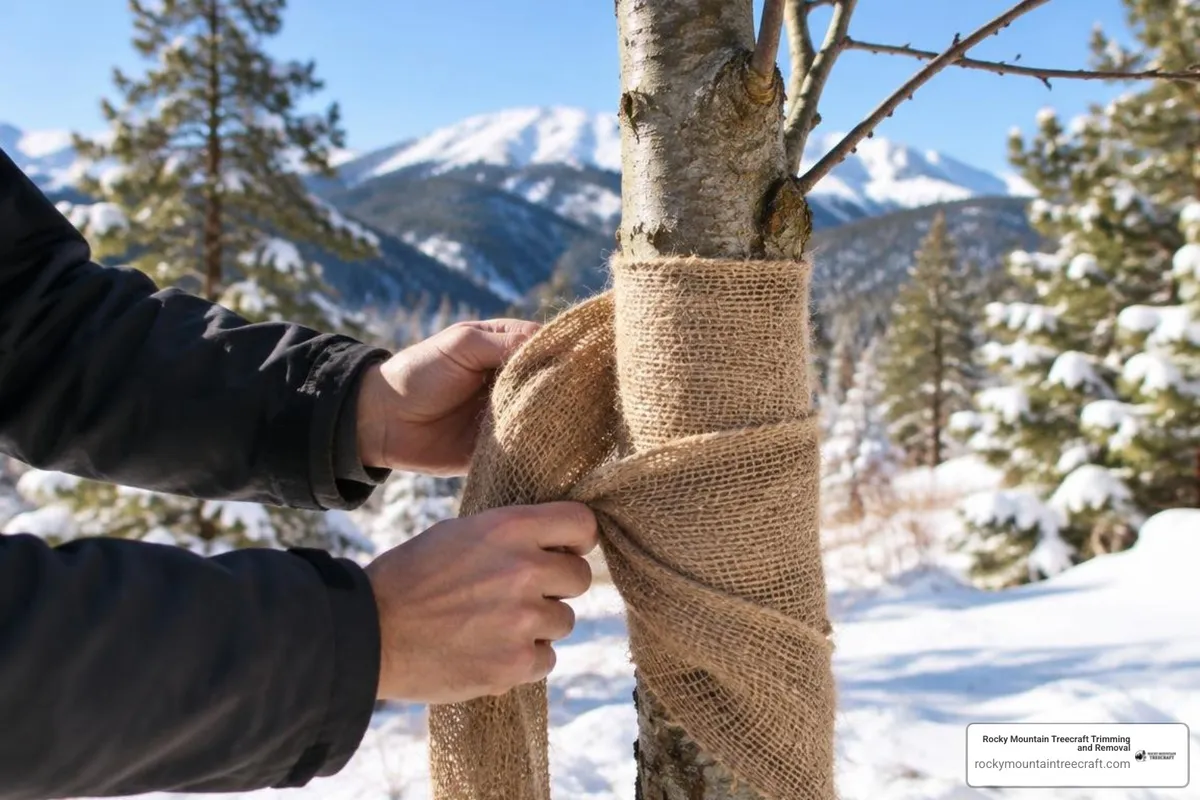 Installing burlap barriers and trunk wraps on mountain landscape trees