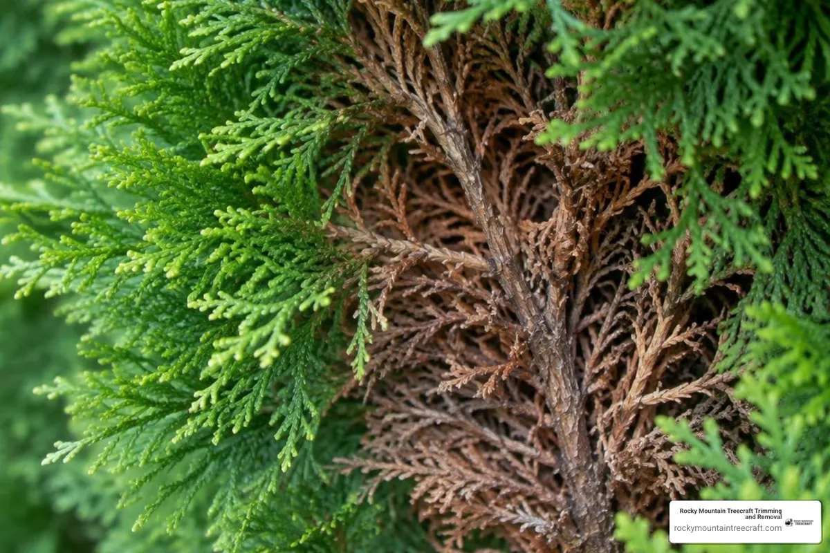 arborvitae branch foliage showing outer green growth and brown interior wood