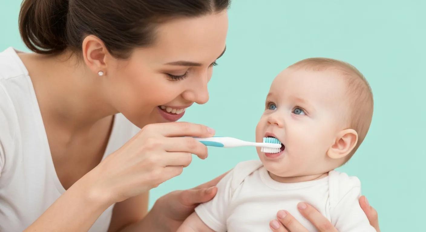 mother brushing baby's teeth 
