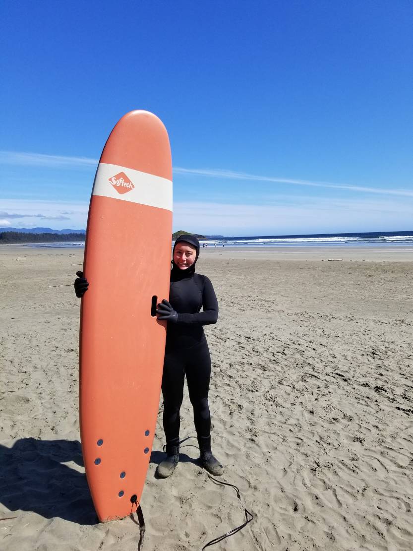 Charlotte Mah, mobile physiotherapist, mind-body coach, and enthusiastic novice surfer!