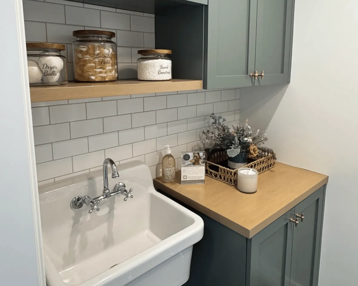 laundry room organizing with farmhouse sink