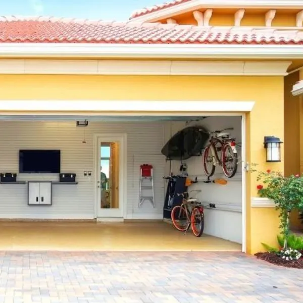 Organized garage with bikes mounted on the wall and storage cabinets, viewed through an open garage door
