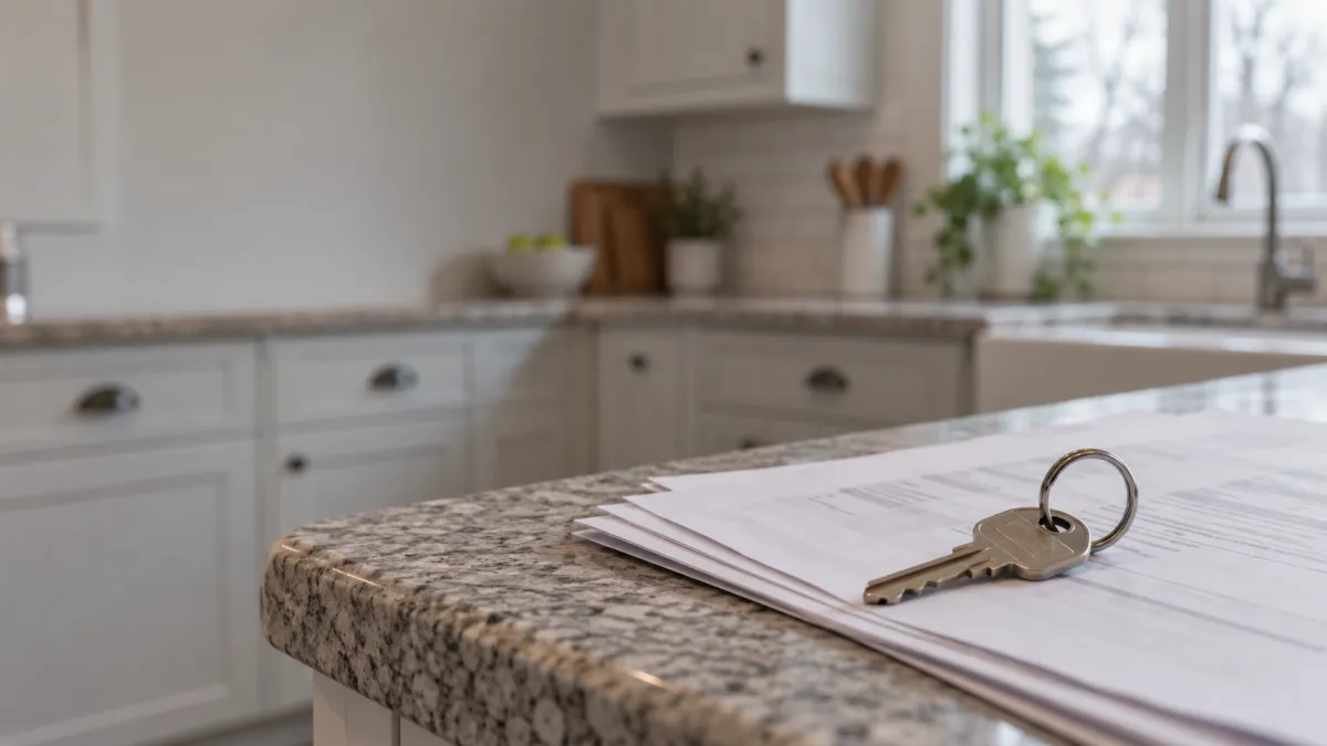 House keys resting on printed listing paperwork on a kitchen counter, showing what a listing agent does between listing and closing in Rochester, Michigan