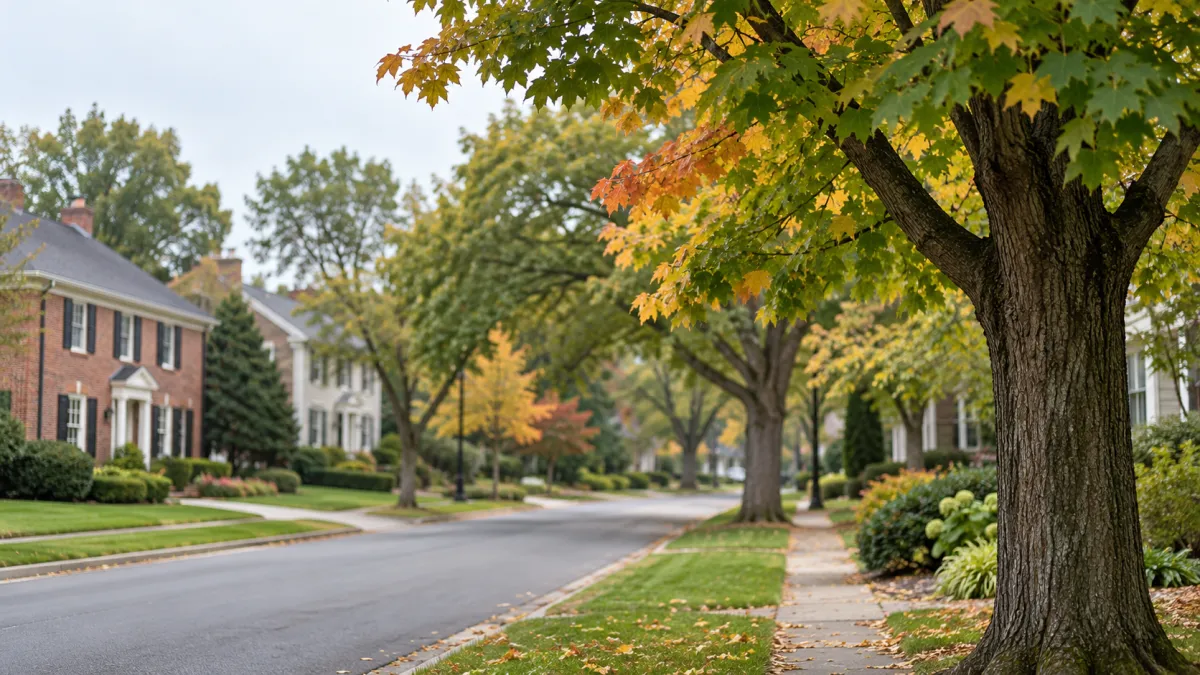  A shaded residential street of brick and clapboard colonial homes, the kind of block buyers compare across neighborhoods in Rochester and Rochester Hills Michigan