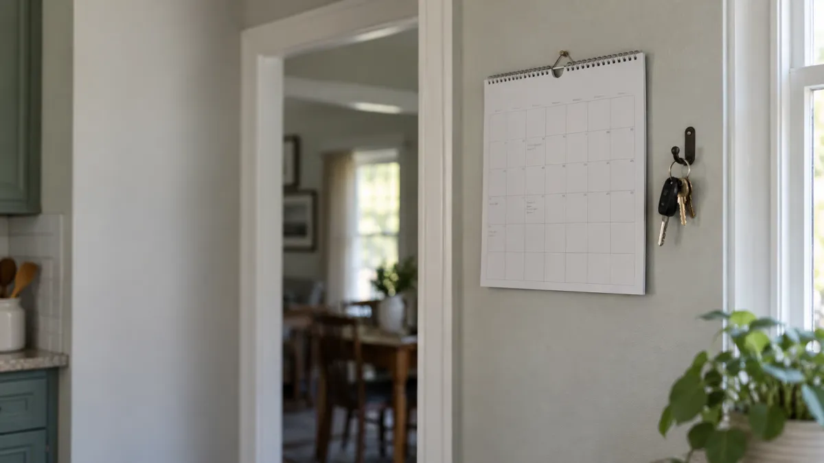 A paper wall calendar and house keys hanging by a kitchen door, marking how long it takes to sell a house in Oakland County, Michigan