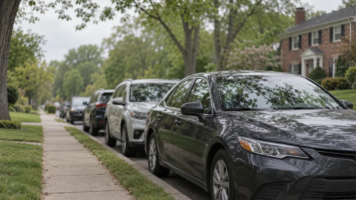 Cars parked along the curb of a Rochester, Michigan street outside a brick colonial home, the showing traffic that helps sell a home above asking