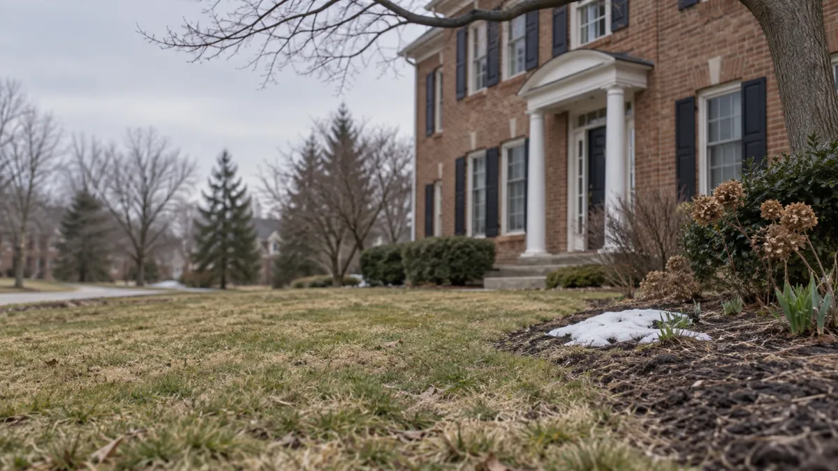 A brick colonial home with a bare front lawn in early spring in Rochester, Michigan, showing how the season affects the best time to sell a house