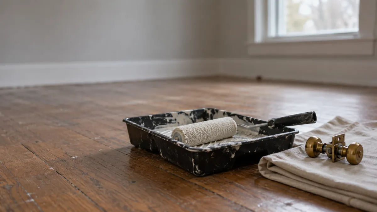 A paint tray, a roller and a brass door handle on a drop cloth in an empty room, small repairs before selling a Rochester, Michigan home
