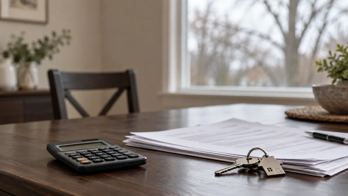 A calculator, printed closing pages and house keys on a dining table, showing what it costs to sell a home in Rochester, Michigan