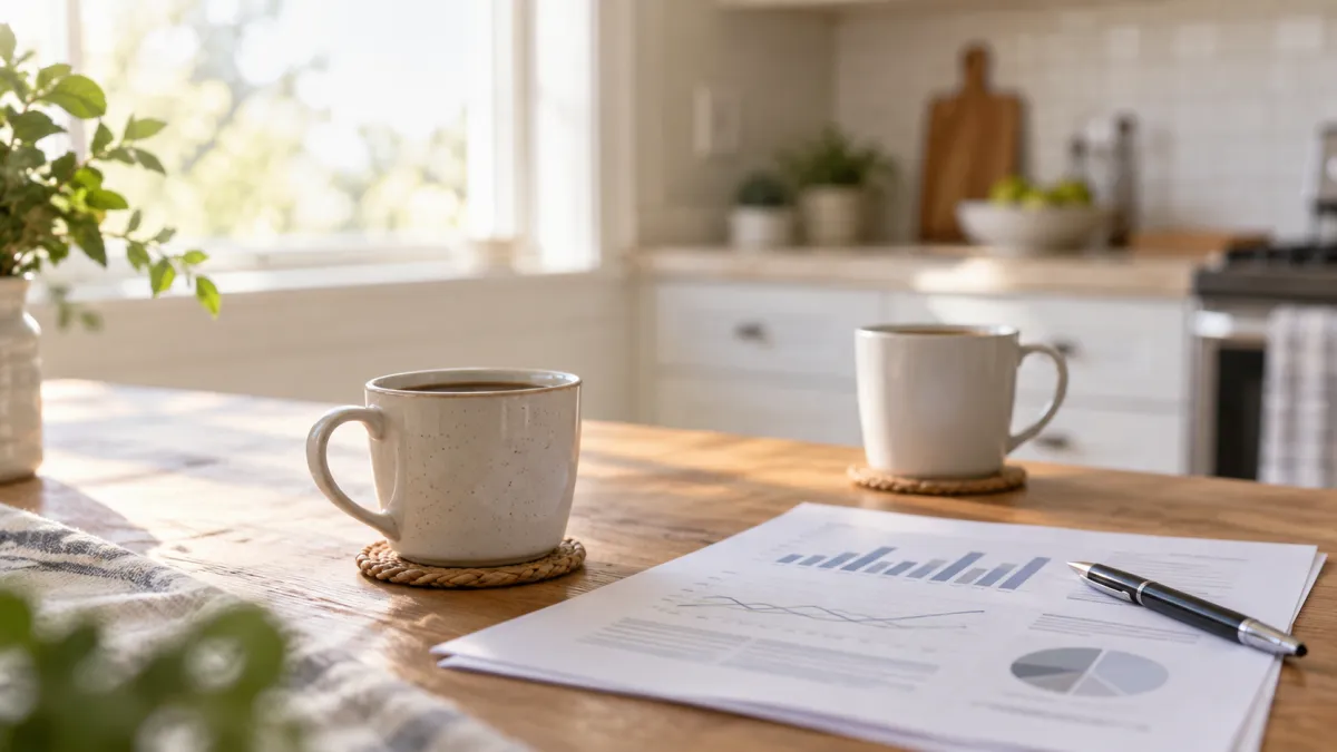 Printed market analysis, a pen and two coffee cups on a kitchen table, set for a home selling conversation with a realtor in Rochester, Michigan
