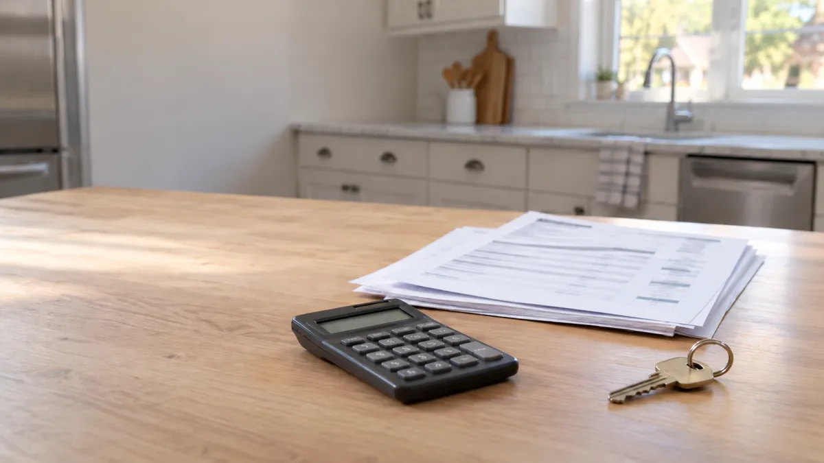 A calculator, printed bank statements and a house key on a kitchen table, a buyer working out the down payment on a house in Oakland County, Michigan