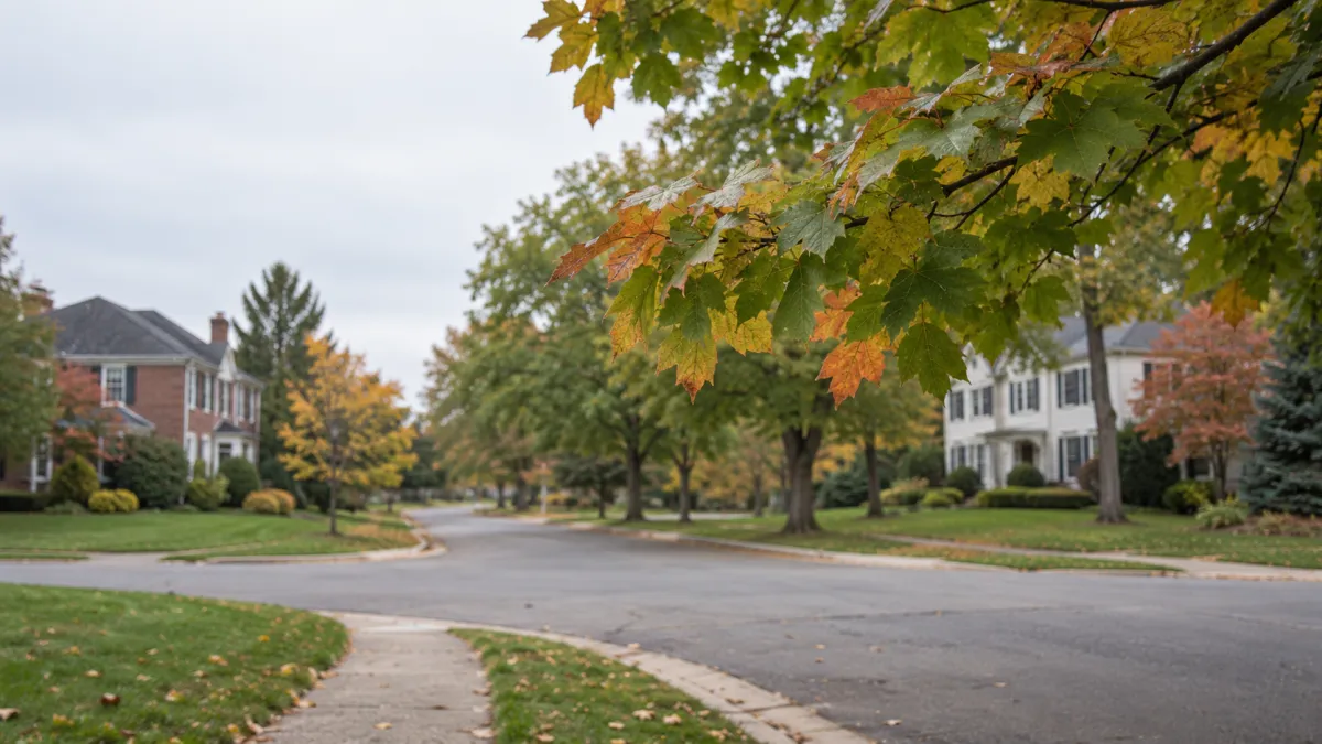 A residential street corner in Oakland County, Michigan, where school district boundaries can divide neighboring blocks