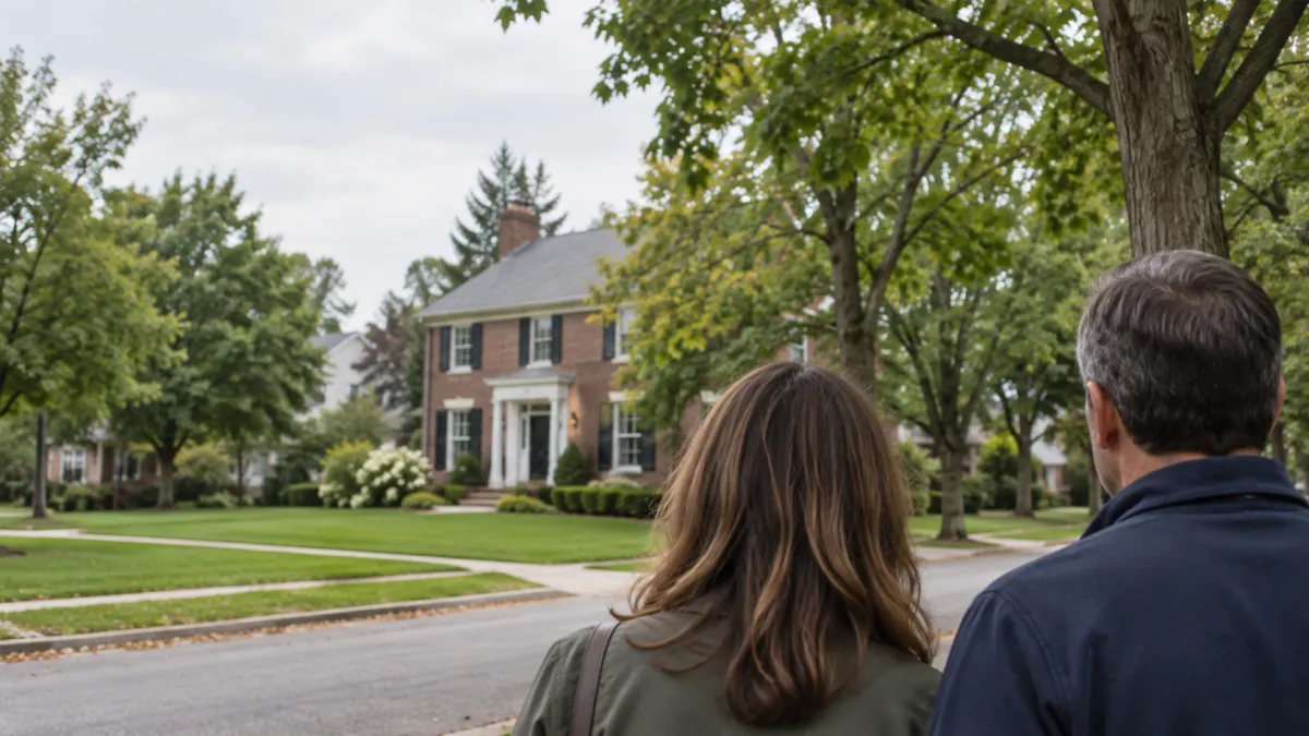 A couple seen from behind on a sidewalk looking at a brick colonial house, weighing whether now is a good time to buy a house in Oakland County, Michigan