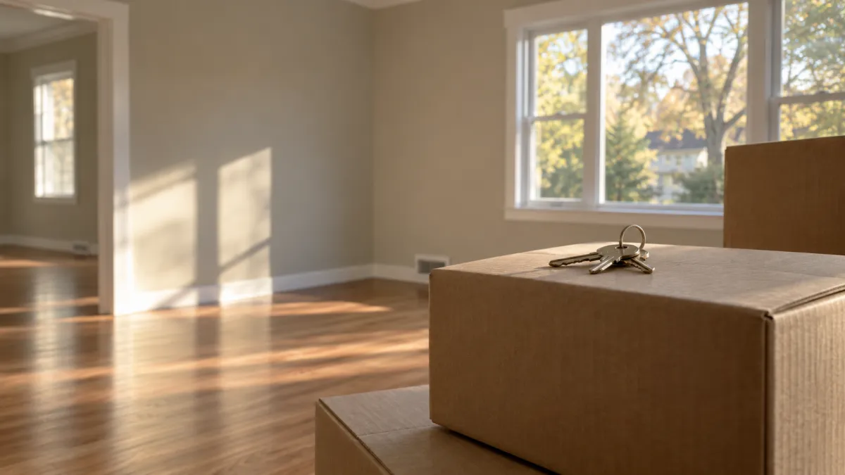 House keys resting on stacked moving boxes in an empty living room, the first home of a first time home buyer in Oakland County, Michigan