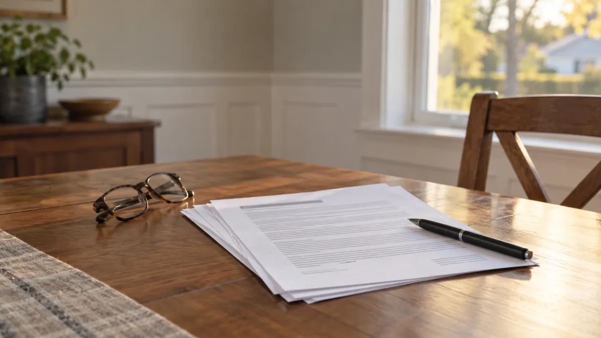 A printed buyer's agent agreement and a pen on a dining table, set up for the questions to ask a buyer's agent before touring homes in Rochester, Michigan