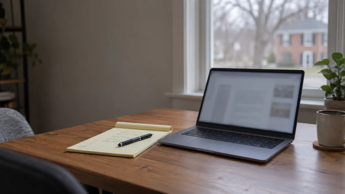 An open laptop and a legal pad on a desk in Rochester, Michigan, used to compare the best real estate agent options
