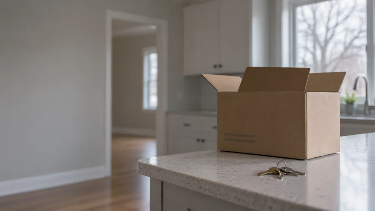An open moving box and house keys on a kitchen counter in an empty suburban home, the first view for a buyer relocating to Oakland County, Michigan
