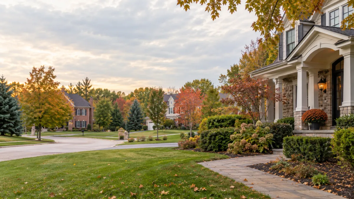 A quiet residential street of brick colonial homes in Rochester Hills, Michigan, inside the Rochester Community Schools boundaries